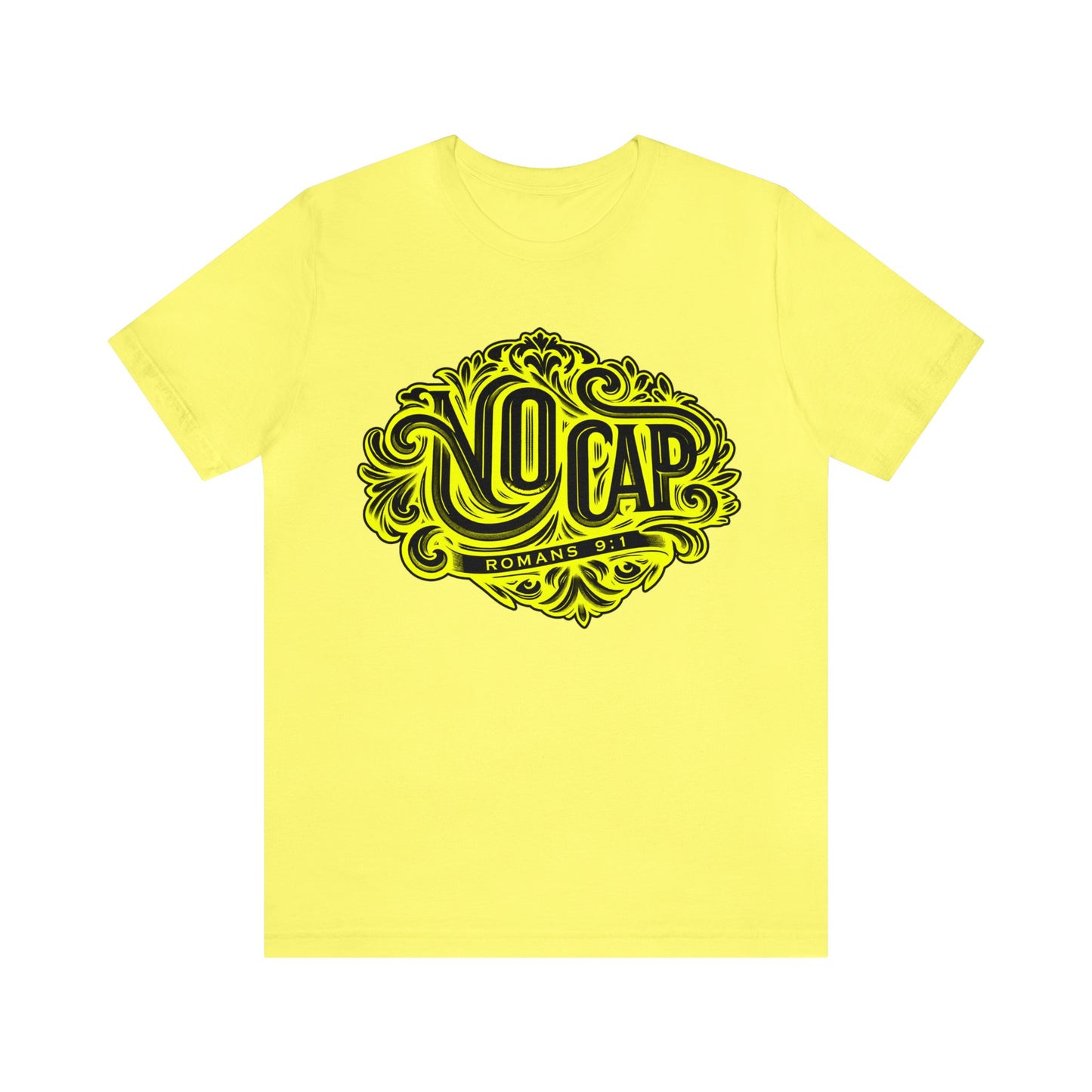 "No Cap" Tee with Yellow Print - Romans 9:1 Scripture Shirt (women)