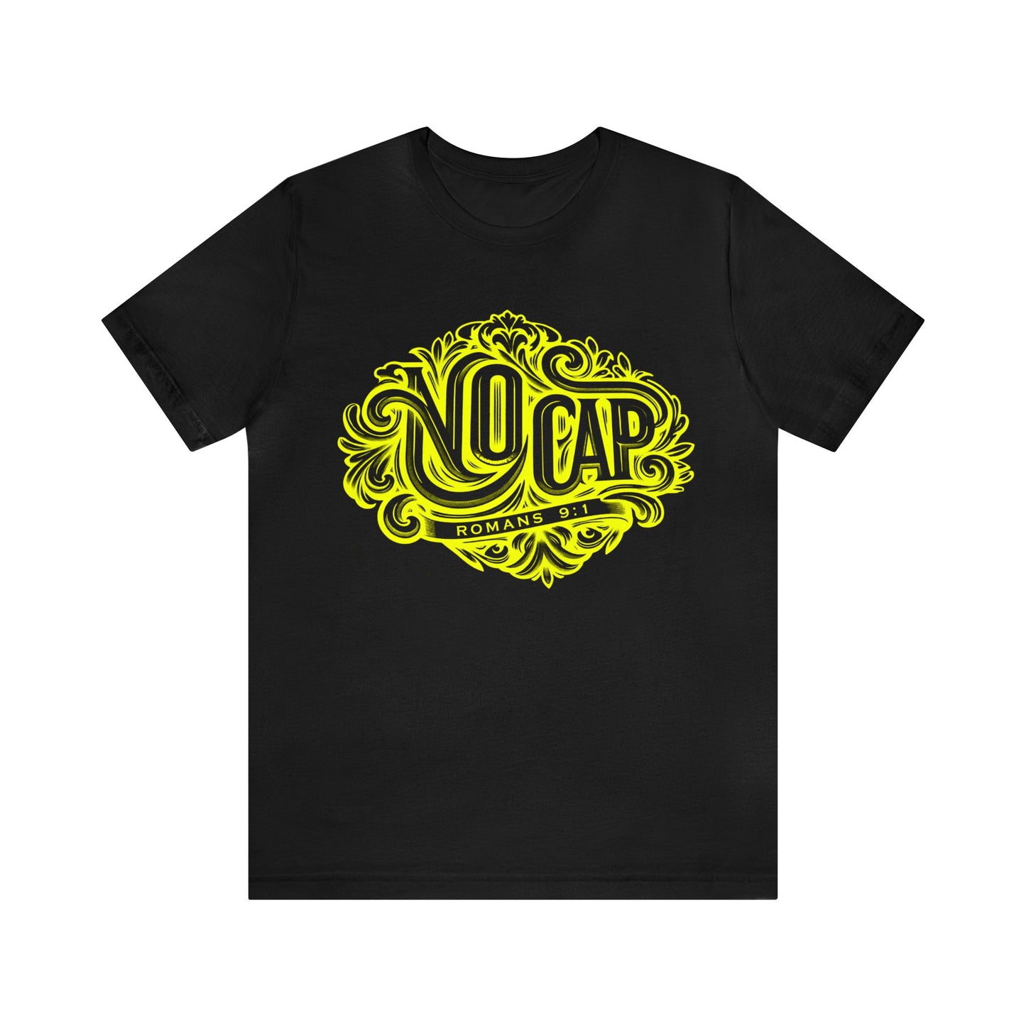 "No Cap" Tee with Yellow Print - Romans 9:1 Scripture Shirt (women)