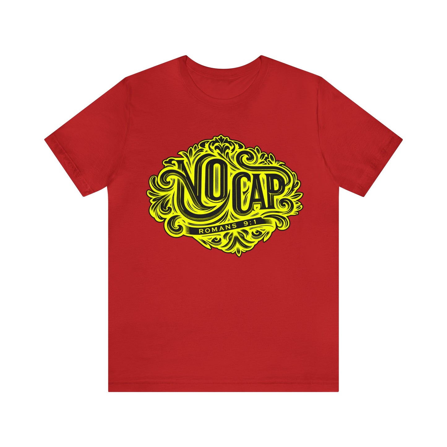 "No Cap" Tee with Yellow Print - Romans 9:1 Scripture Shirt (women)