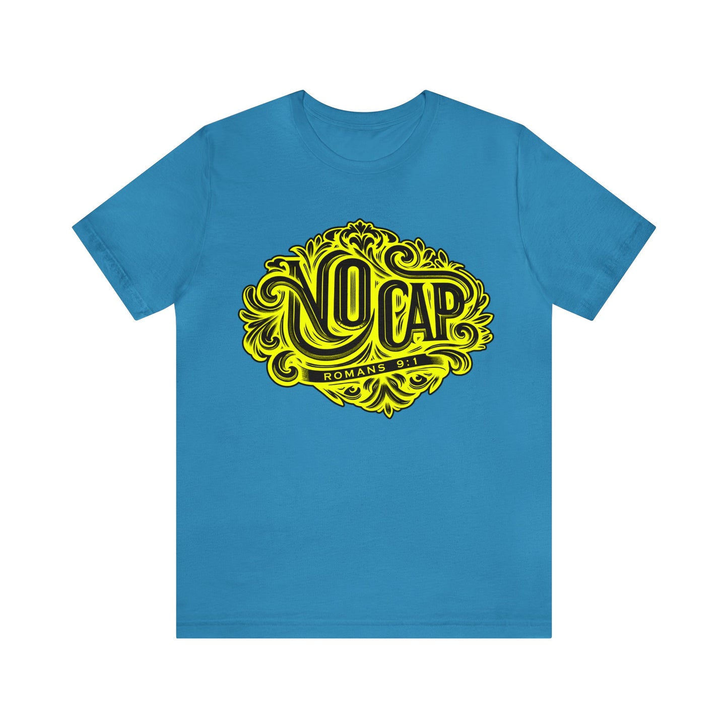 "No Cap" Tee with Yellow Print - Romans 9:1 Scripture Shirt (women)