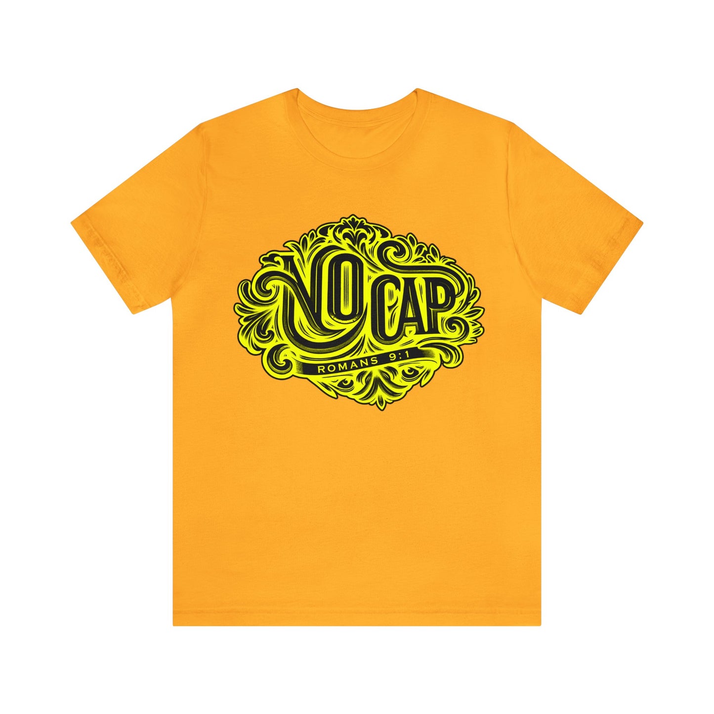 "No Cap" Tee with Yellow Print - Romans 9:1 Scripture Shirt (women)