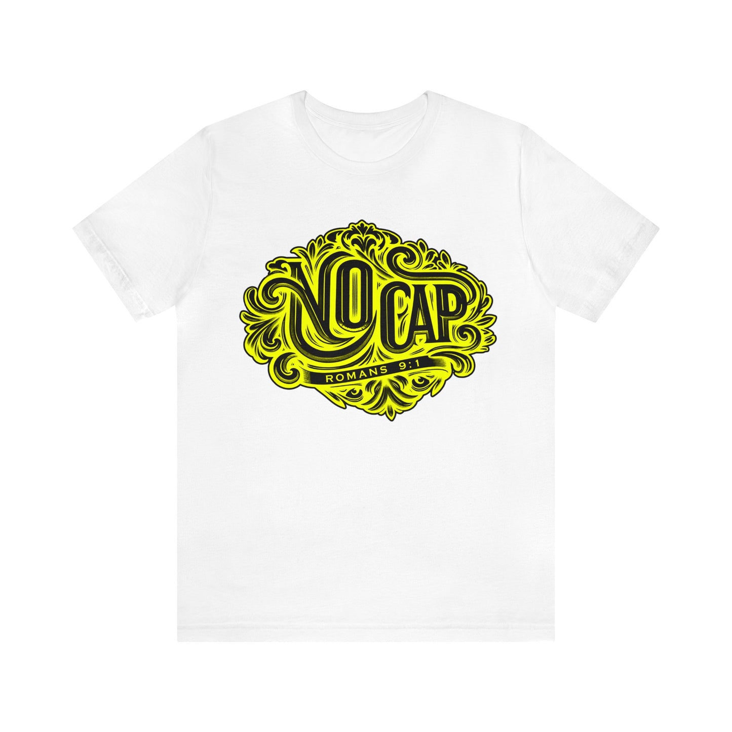 "No Cap" Tee with Yellow Print - Romans 9:1 Scripture Shirt (women)