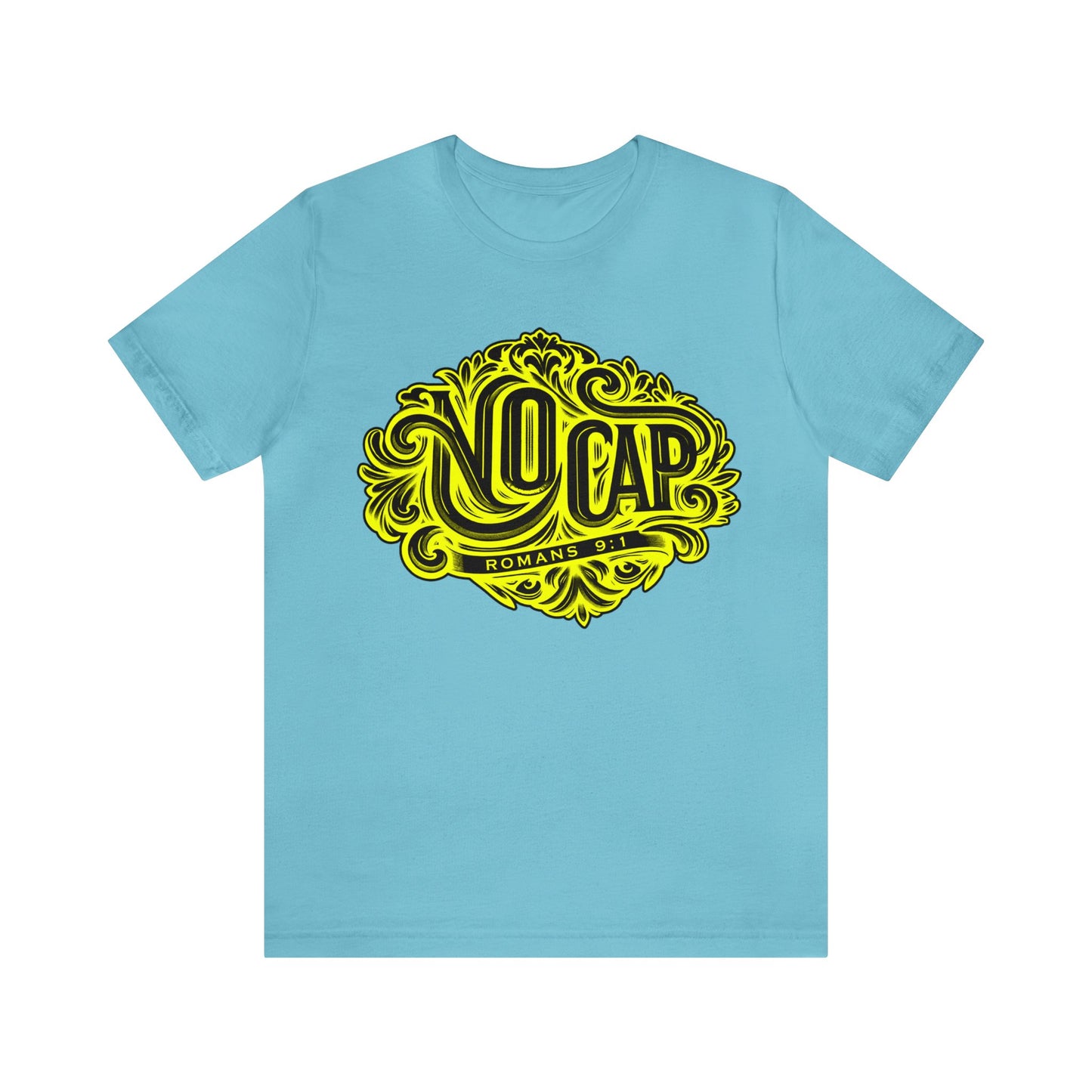 "No Cap" Tee with Yellow Print - Romans 9:1 Scripture Shirt (women)