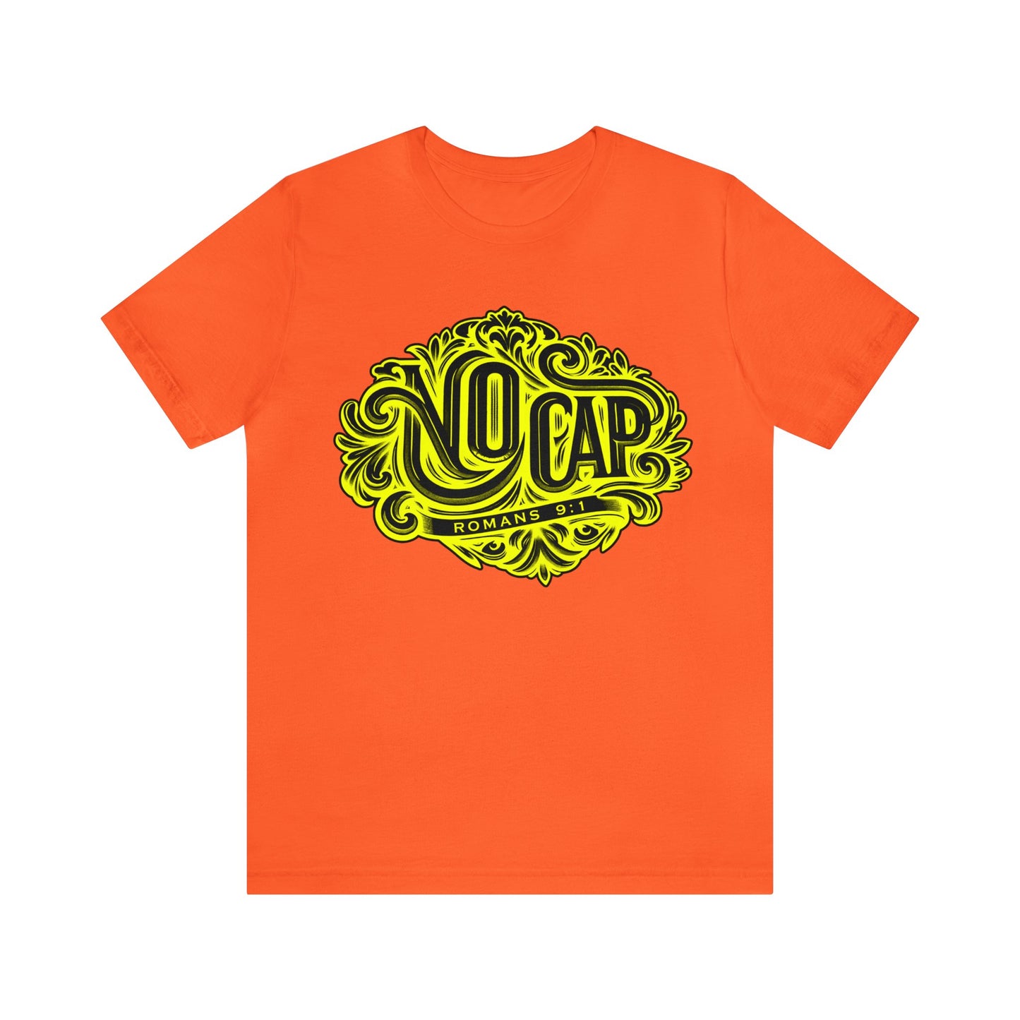 "No Cap" Tee with Yellow Print - Romans 9:1 Scripture Shirt (women)