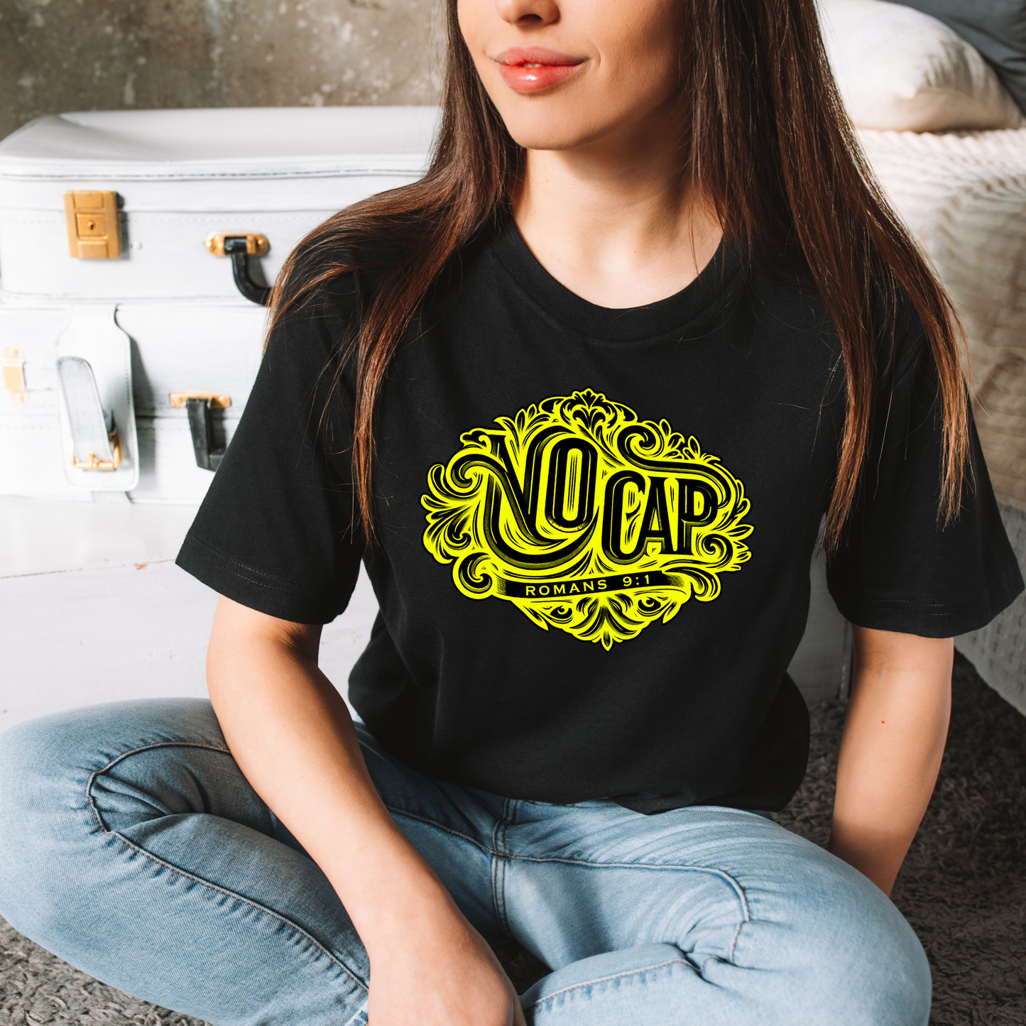 "No Cap" Tee with Yellow Print - Romans 9:1 Scripture Shirt (women)