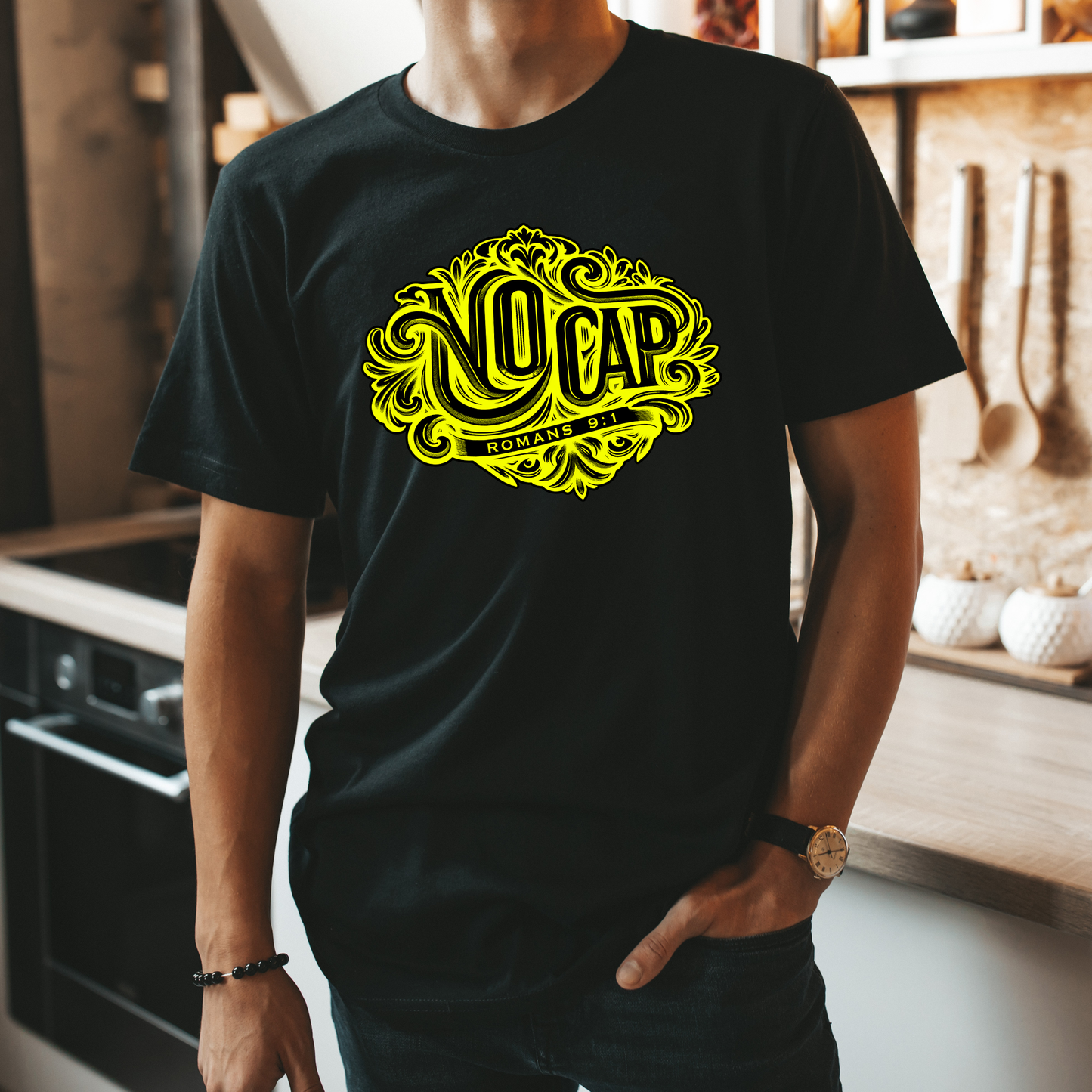 "No Cap" Tee with Yellow Print - Romans 9:1 Scripture Shirt (men)